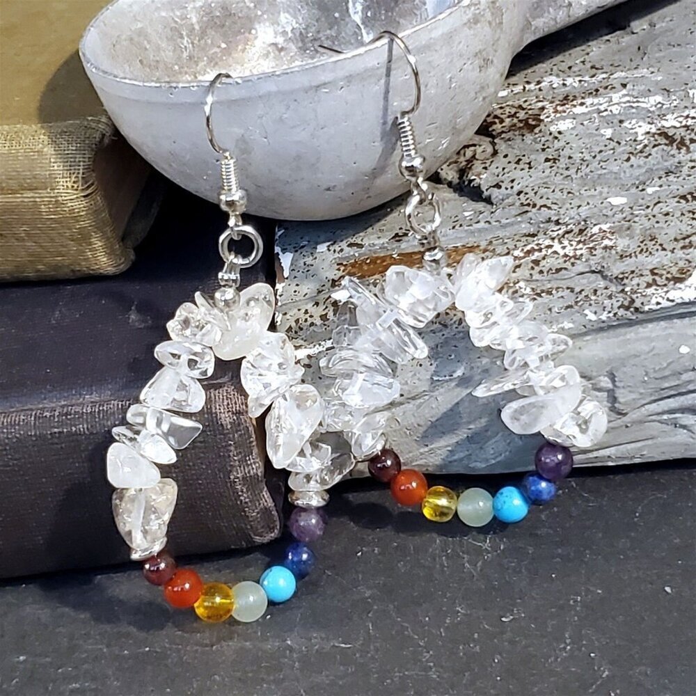 Artisan Crystal Quartz 7 Chakras Yoga Om Mindful Gemstone Beads Teardrop Earring